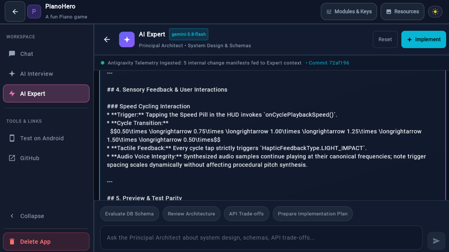AI Expert (gemini-3.8-flash) acting as Principal Architect in dark mode, handling system design, telemetry ingestion and schema analysis.