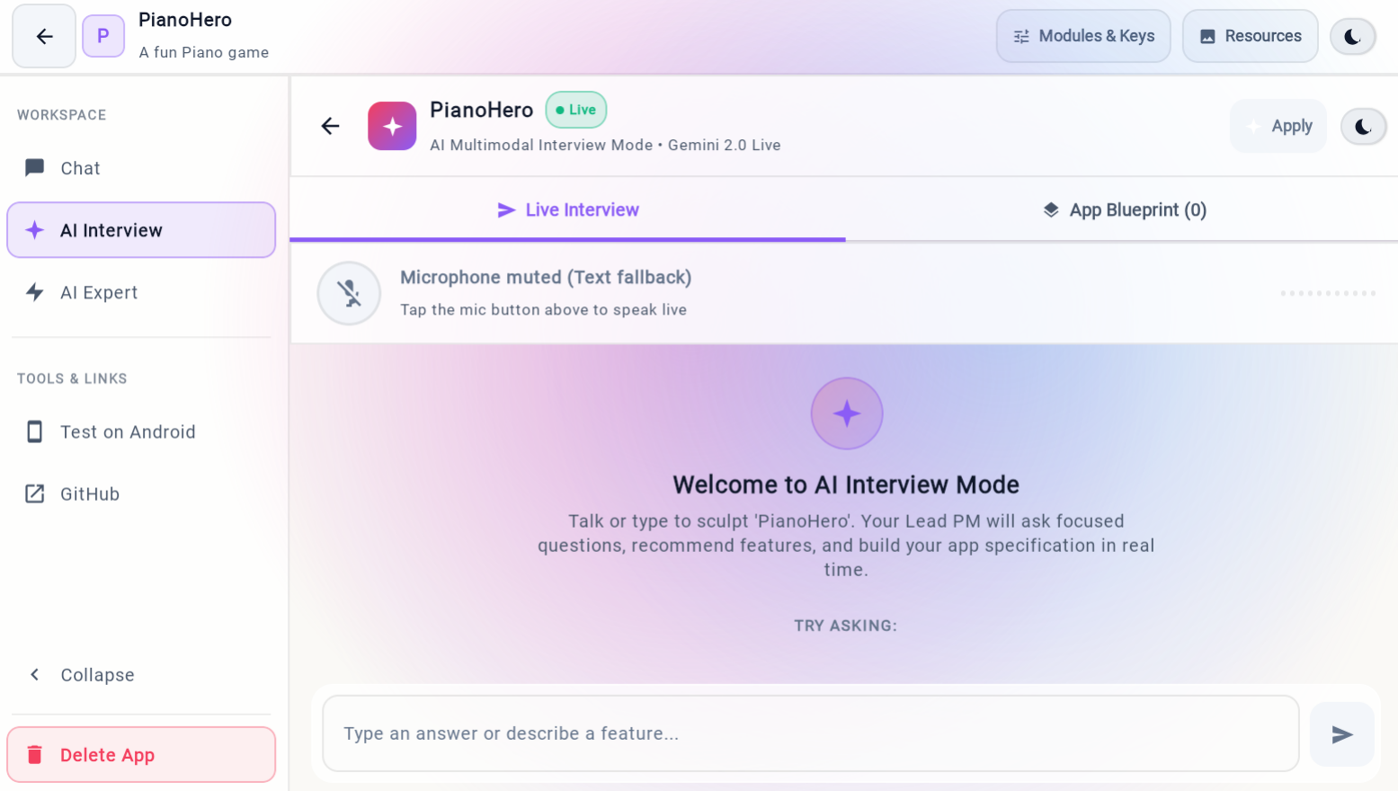 Latibe AI Multimodal Interview Mode powered by Gemini 2.0 Live, scoping an app idea through interactive voice and chat.