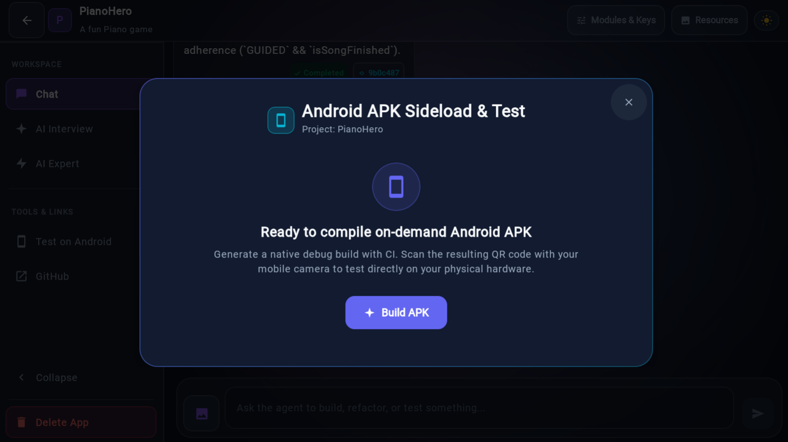 Android APK Sideload and Test modal for PianoHero: ready to compile an on-demand Android APK with CI, then scan a QR code to test on physical hardware.